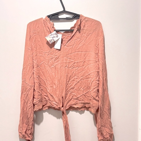 Self Esteem Juniors Pleated Lace Trim Blouse | | Long Sleeve shirt Toasted Nut - Picture 4 of 7